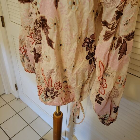 grizzly 90s Boho Floral Cotton Tunic Top Puff Sleeve Tie Hem Large - Picture 6 of 9